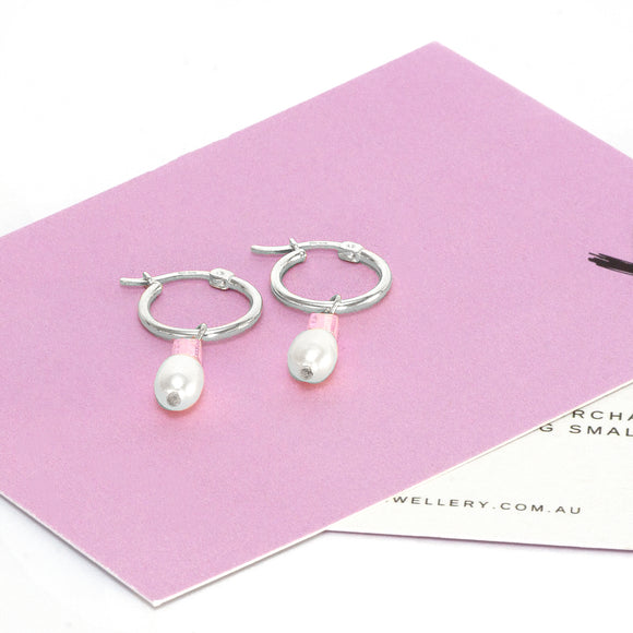 Freshwater pearls & pink glass bead hoops