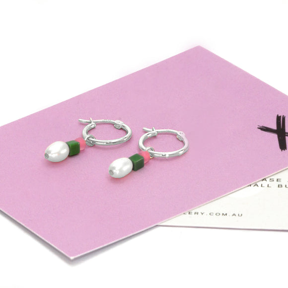 Freshwater pearls & pink/green glass bead hoops